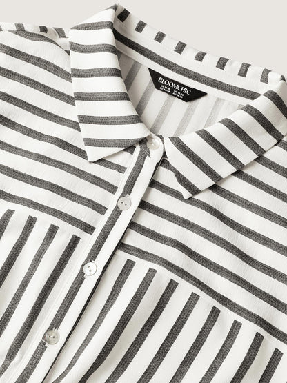 Striped Belted Cinched Button Placket Midi Dress