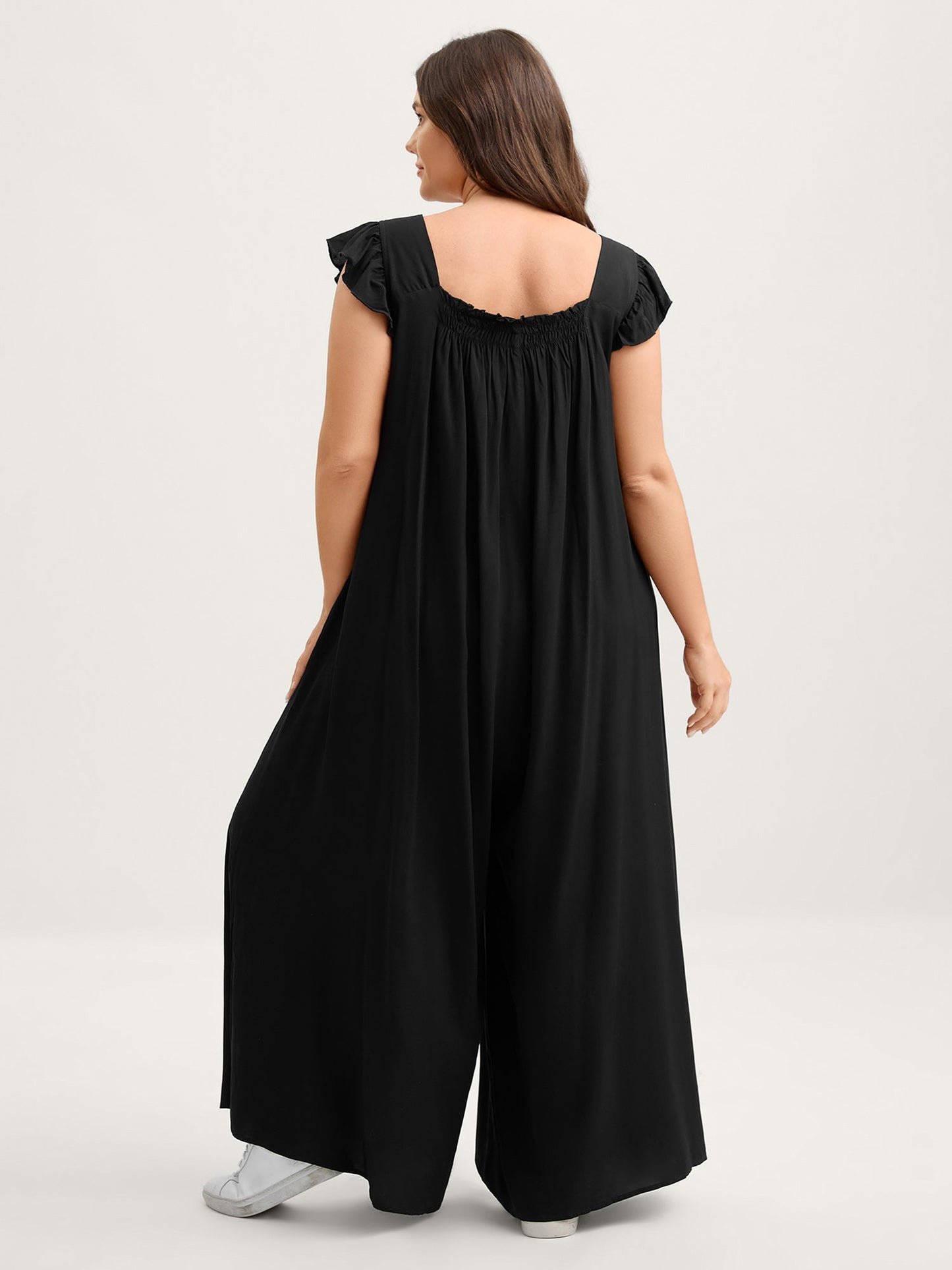 Rayon Shirred Flutter Sleeve Pockets Jumpsuit