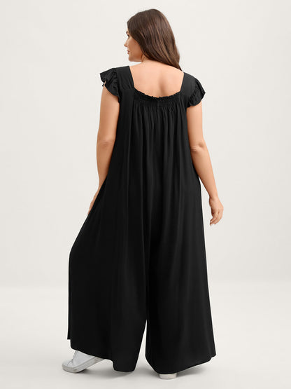 Rayon Shirred Flutter Sleeve Pockets Jumpsuit