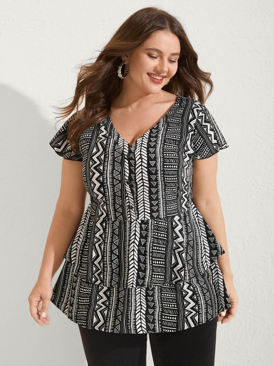 Geometric Print Button Layered Blouse