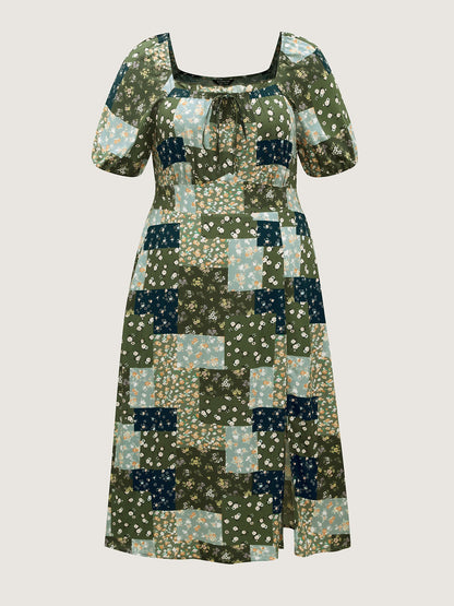 Floral Split Hem Neck Tie Midi Dress