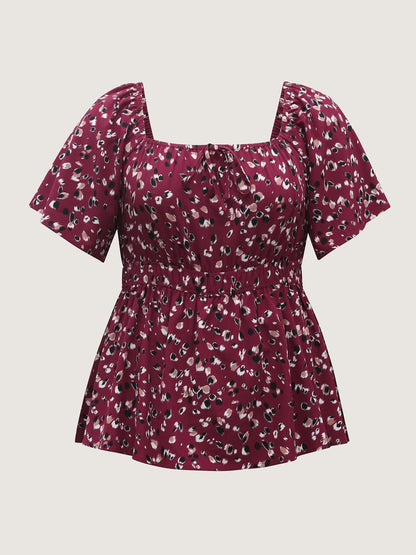 Leopard Brushed Print Neck Drawstring Blouse
