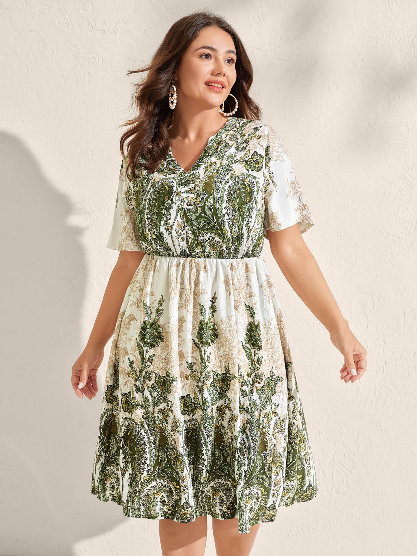 Paisley Print Notched Neckline Midi Dress