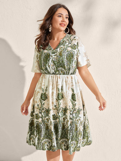Paisley Print Notched Neckline Midi Dress