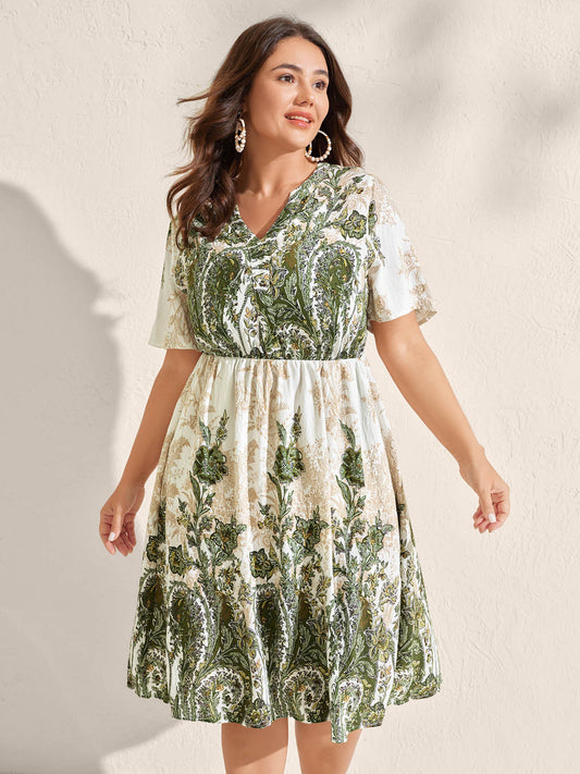 Paisley Print Notched Neckline Midi Dress