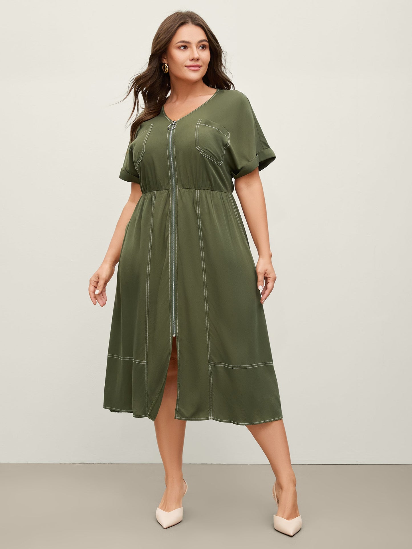 Monochrome Zipper Front Pockets Midi Dress