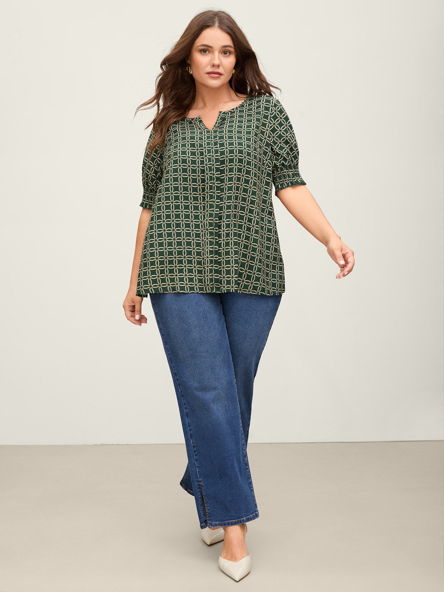 Floral Shirred Split Neckline Blouse