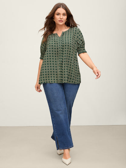 Floral Shirred Split Neckline Blouse