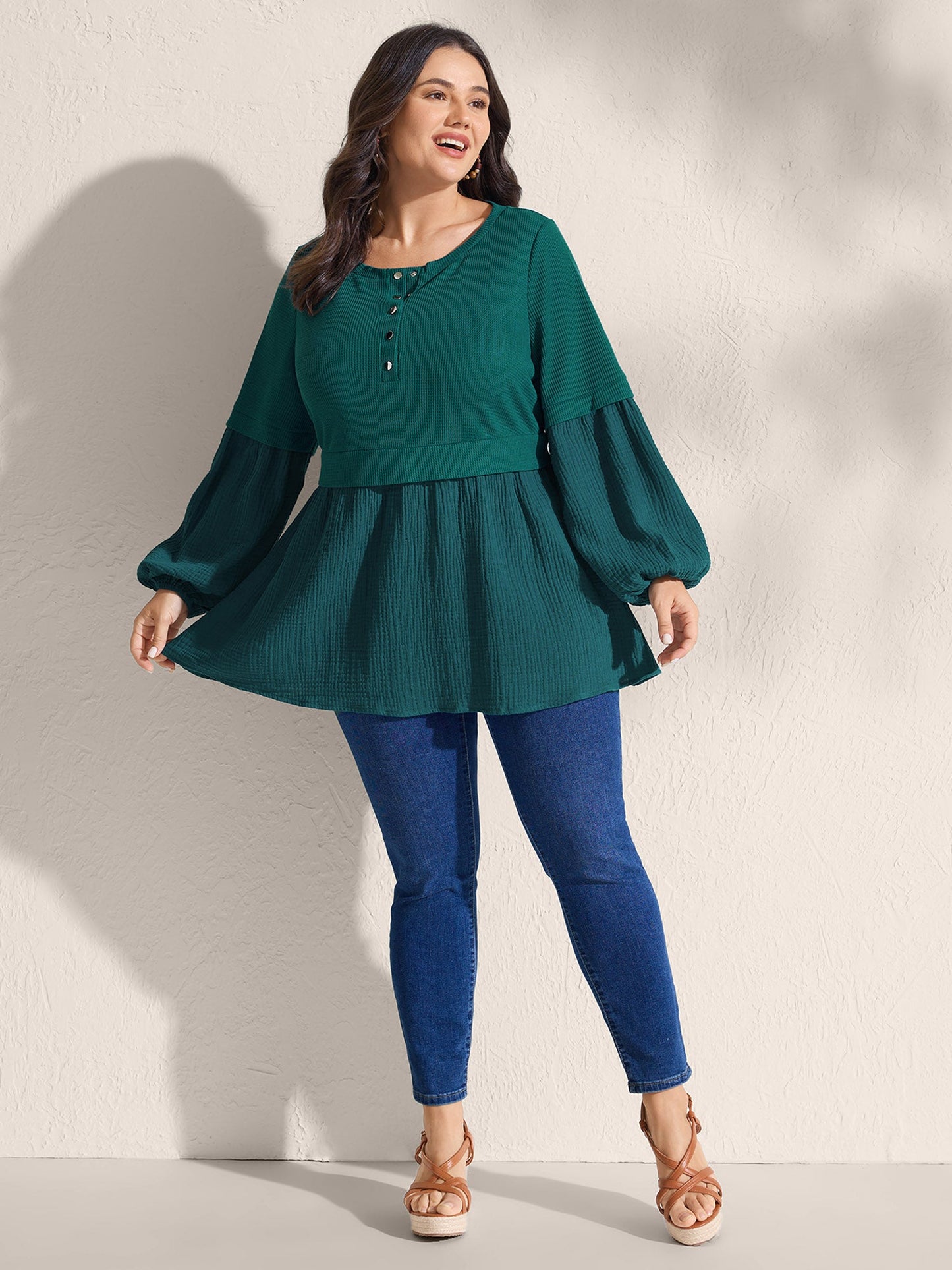 Waffle Grid Button Detail Spliced Sweatshirt