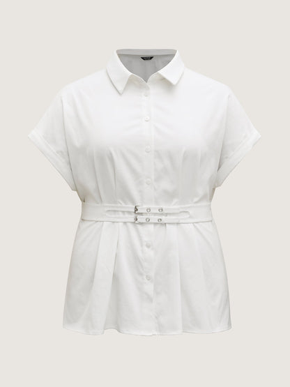 Double Belt Waist-Cinched Shirred Blouse