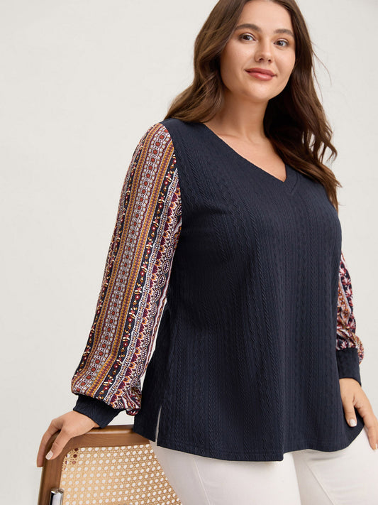 Textured Striped Sleeve Contrast Sweatshirt