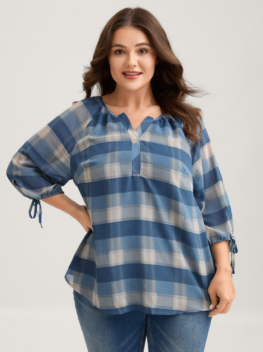 Plaid Print Notched Collar Blouse