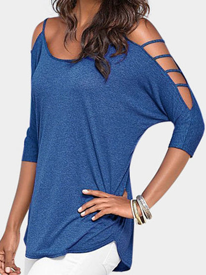 Open Shoulder Round Neck  Hollow Out Plain Tops