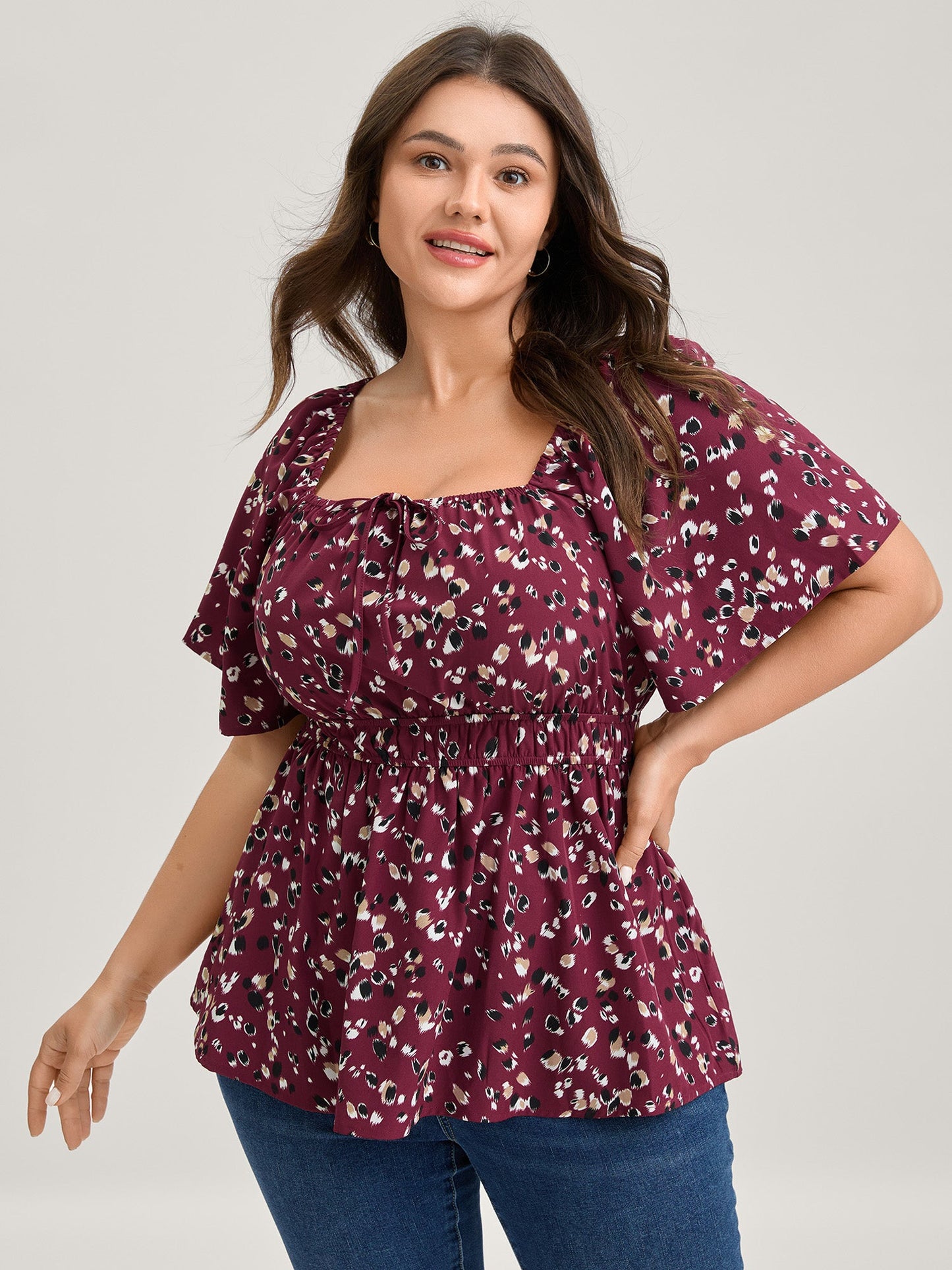 Leopard Brushed Print Neck Drawstring Blouse