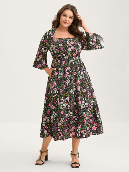 Floral Ruffled Square Neck Midi Dress
