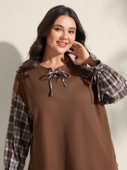 Textured Plaid Print Neck-Tie Sweatshirt