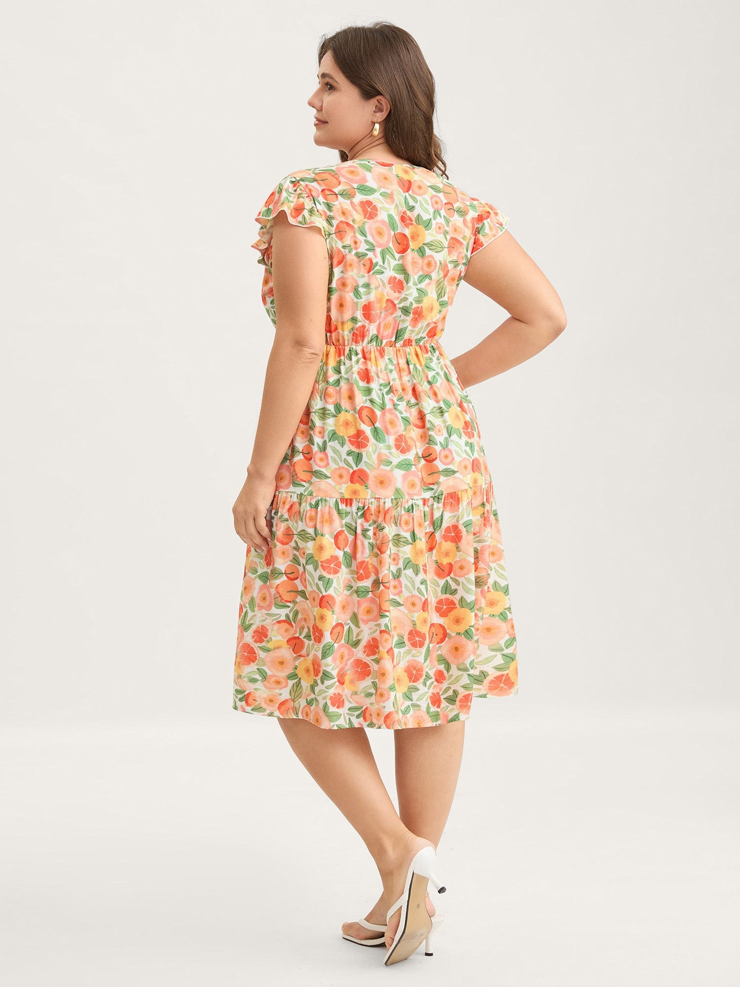 Citrus Print Pleated Flutter Sleeve Midi Dress