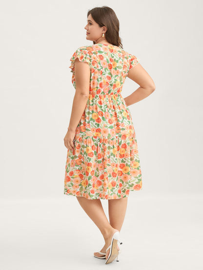 Citrus Print Pleated Flutter Sleeve Midi Dress
