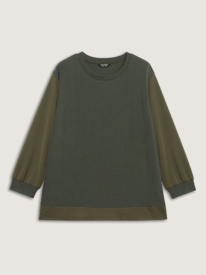 Textured Pit Strip Round Neck Sweatshirt