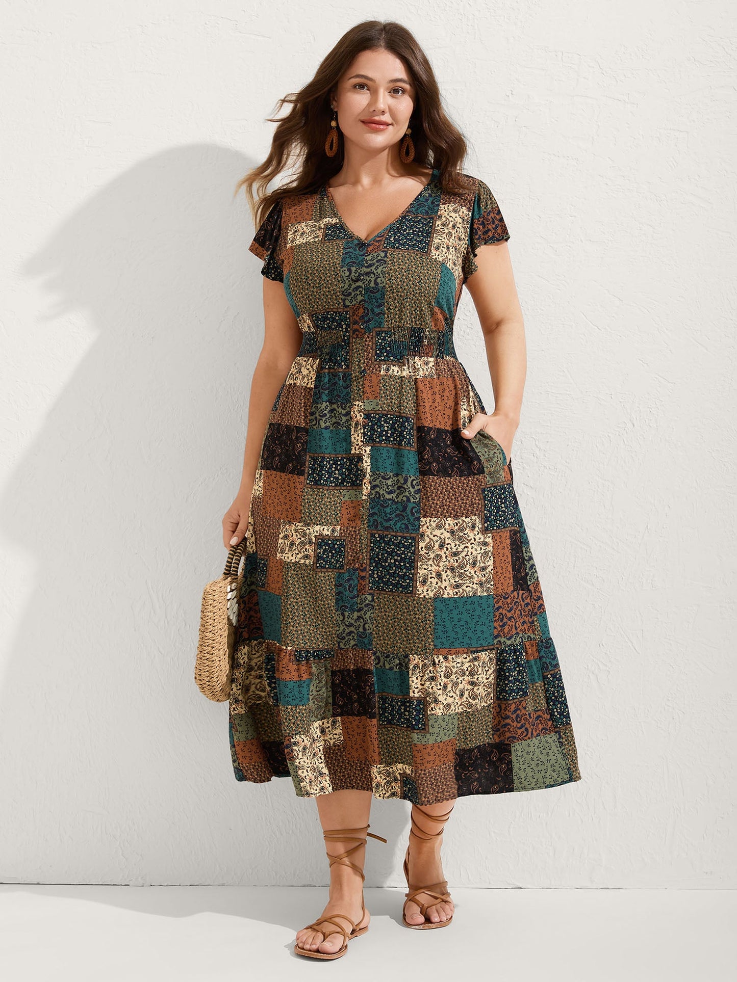 Boho Collage Print Shirred V-Neck Midi Dress