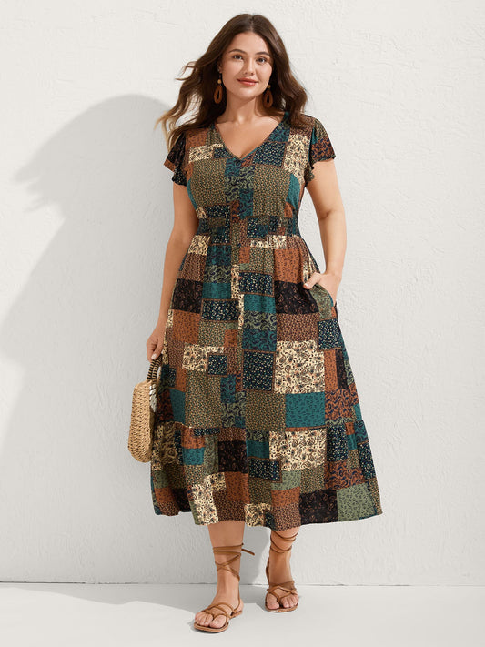 Boho Collage Print Shirred V-Neck Midi Dress