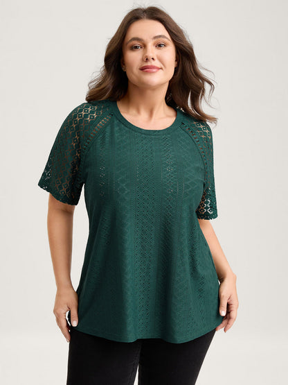 Eyelet Trim Lace Cut-Out Solid T-Shirt