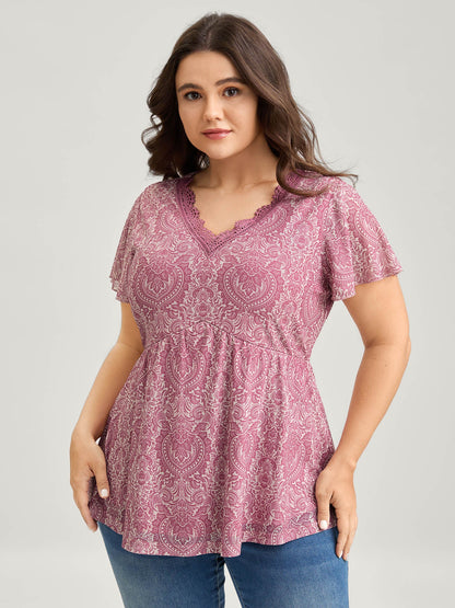Lace V-Neck Ornate Print Knit Top