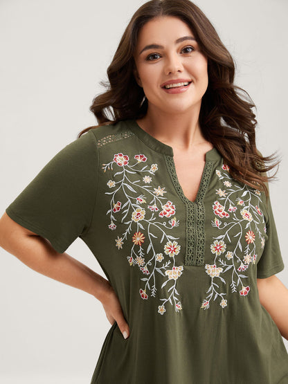 Floral Embroidery Lace Trim T-Shirt