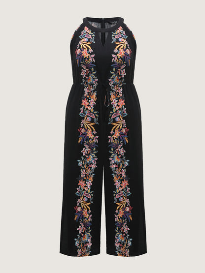 Floral Halter Neck Slit Hem Jumpsuit