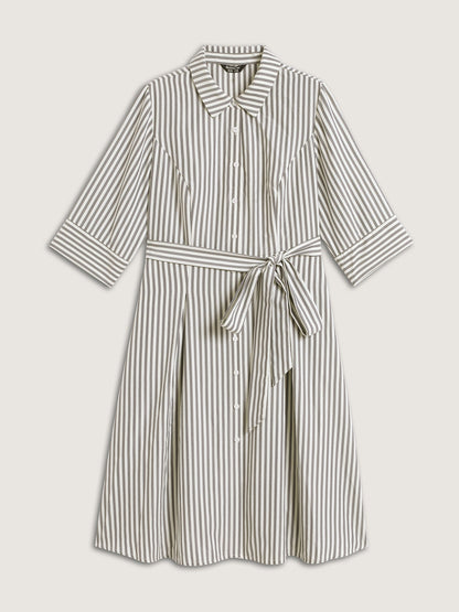 Striped Waist Belt Midi Shirt Dress