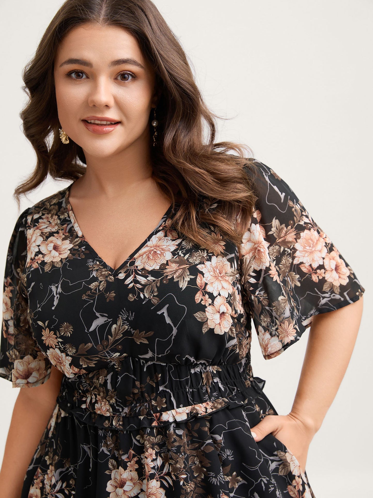 Chiffon Floral Print Tiered Slit Midi Dress