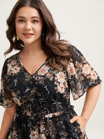 Chiffon Floral Print Tiered Slit Midi Dress