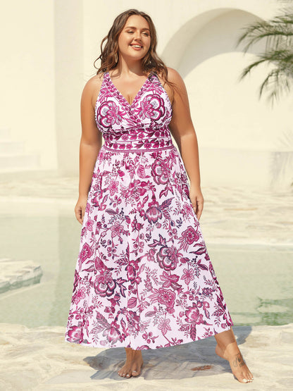Two-Piece Floral Print Ruched Mesh Swimsuit, Sarong
