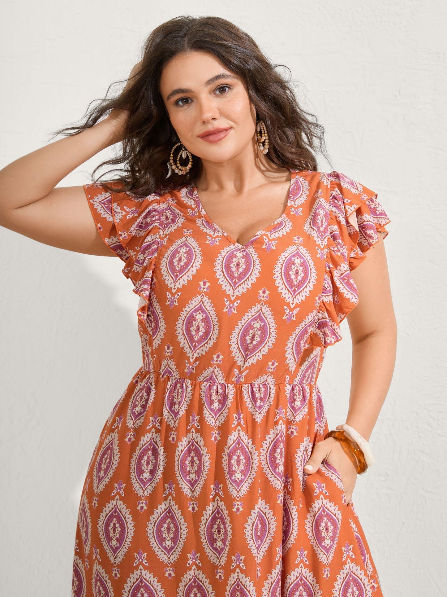 Rayon Boho Print Pocket Midi Dress