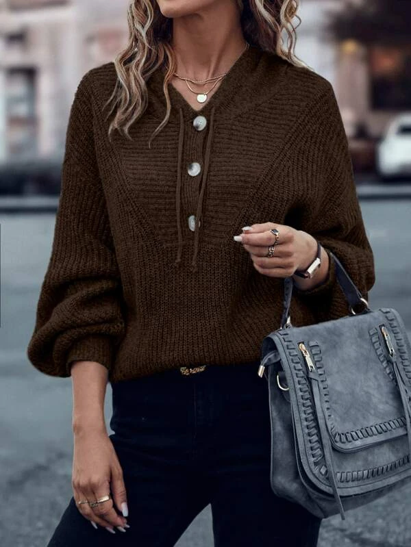 Half Button Drawstring Hooded Drop Shoulder Sweater