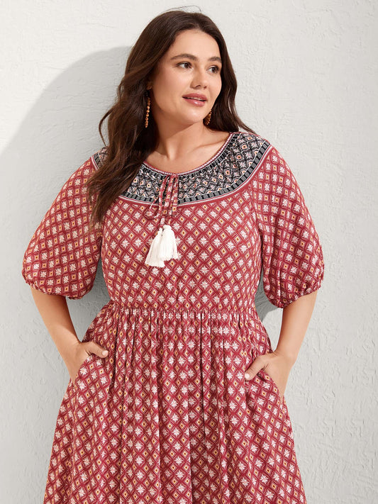 Rayon Boho Print Neck Tie Midi Dress