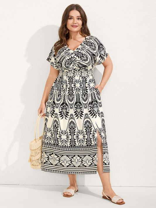Floral Print Shirred Waist Midi Dress