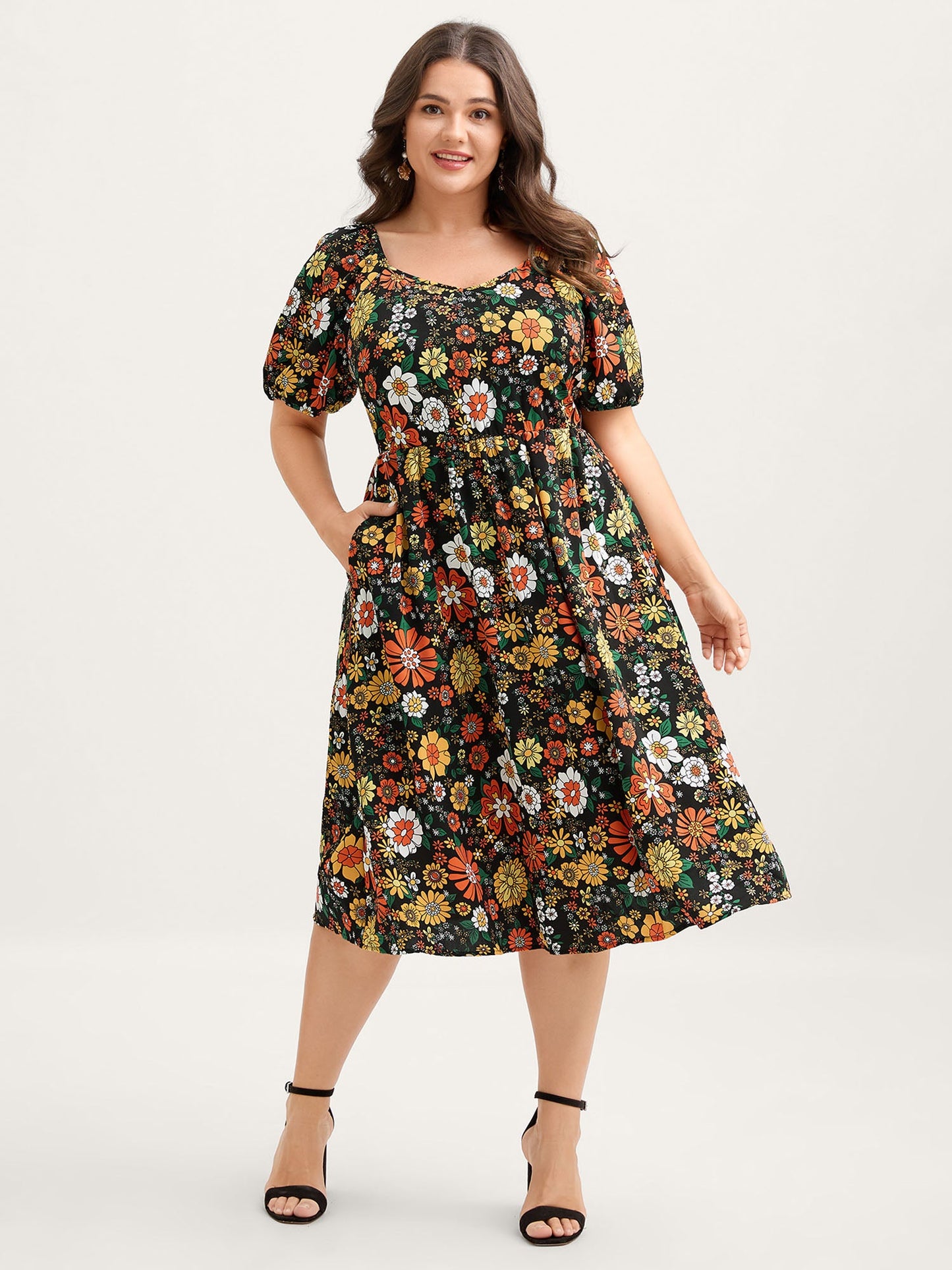 Bright Floral Print Sweetheart Neckline Midi Dress