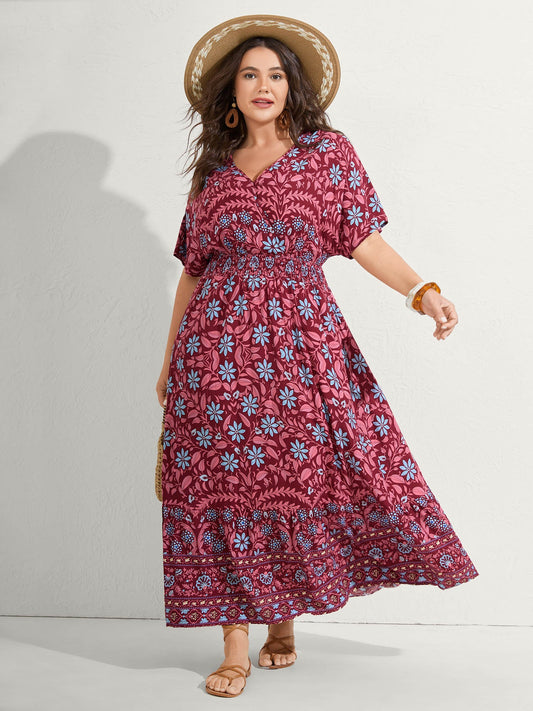 Rayon Boho Floral Shirred Waist Midi Dress