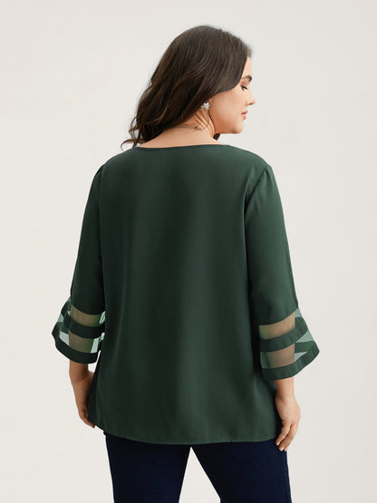 Sheer Sleeve Patchwork Asymmetrical Neckline Blouse