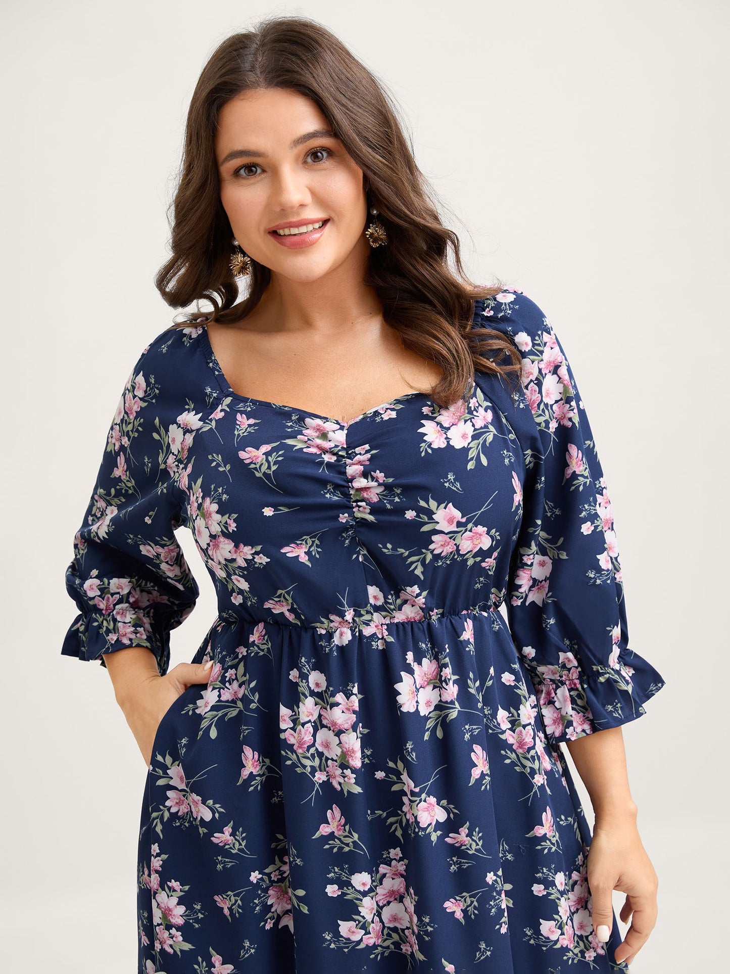 Floral Stretchy Waist Ruffled Midi Dress