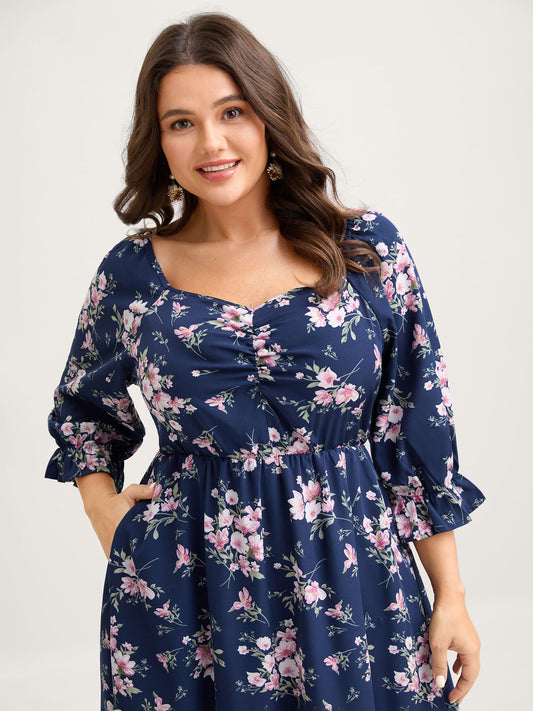 Floral Stretchy Waist Ruffled Midi Dress