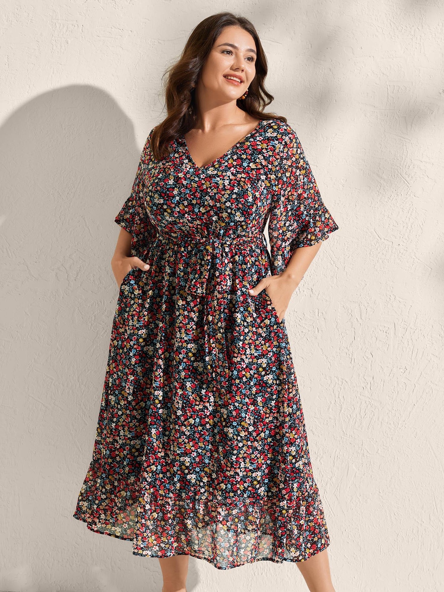 Floral Print Pockets Flared Sleeve Midi Dress