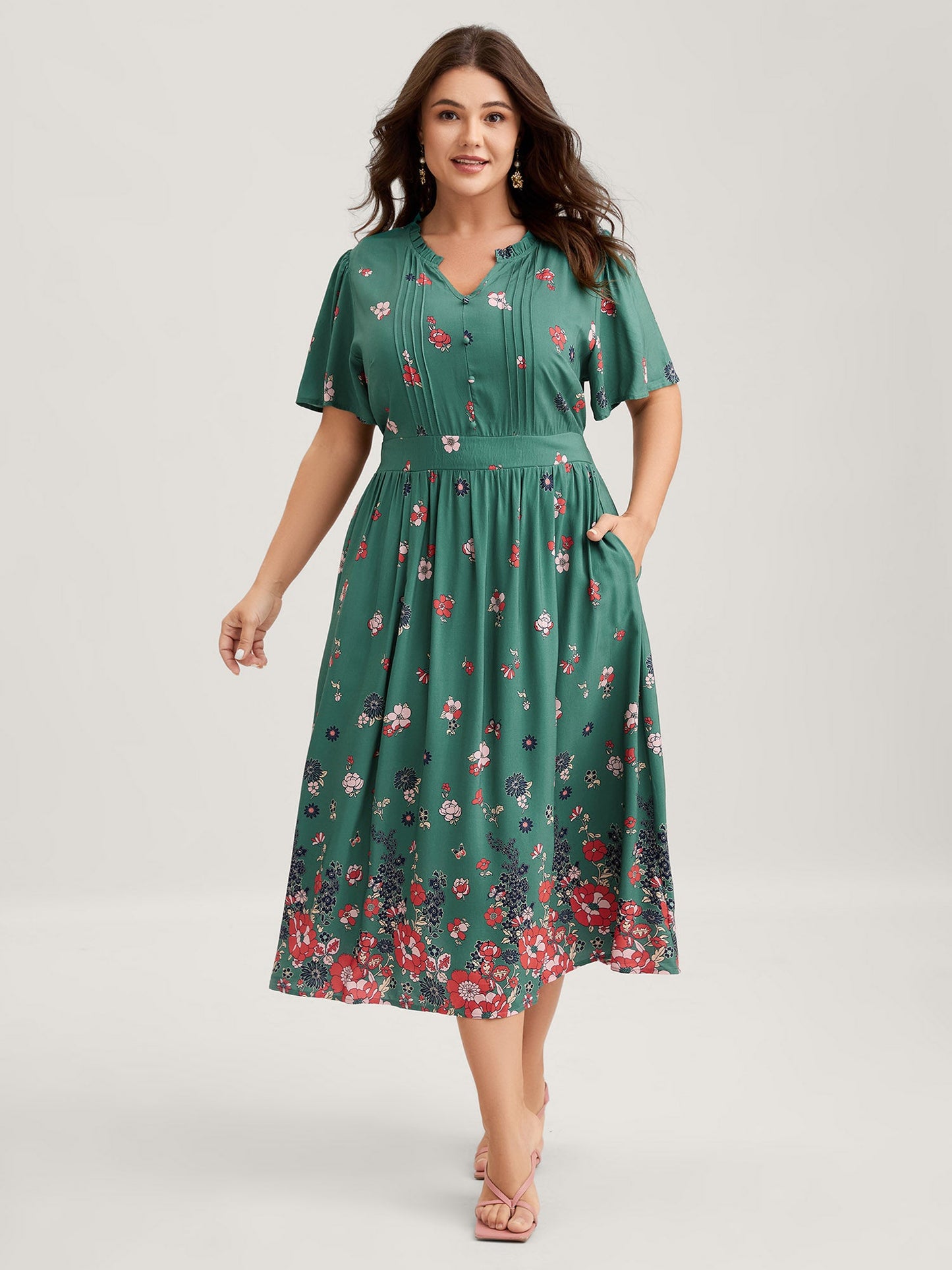 Floral Pleated Notched Collar Midi Dress