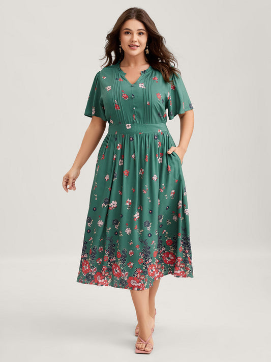 Floral Pleated Notched Collar Midi Dress