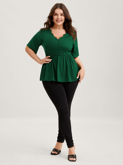 Scalloped Lace Neck Cinched Flared T-Shirt