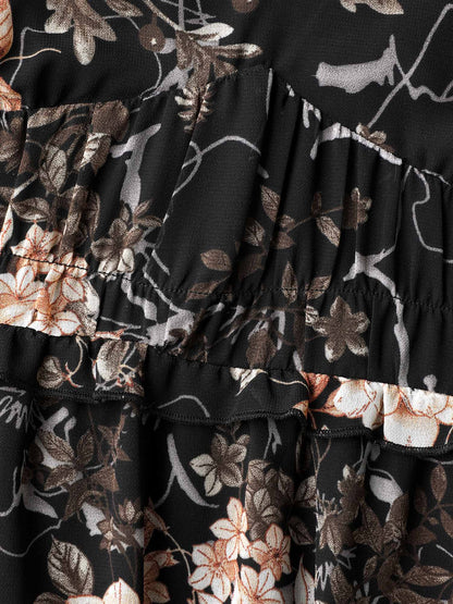 Chiffon Floral Print Tiered Slit Midi Dress