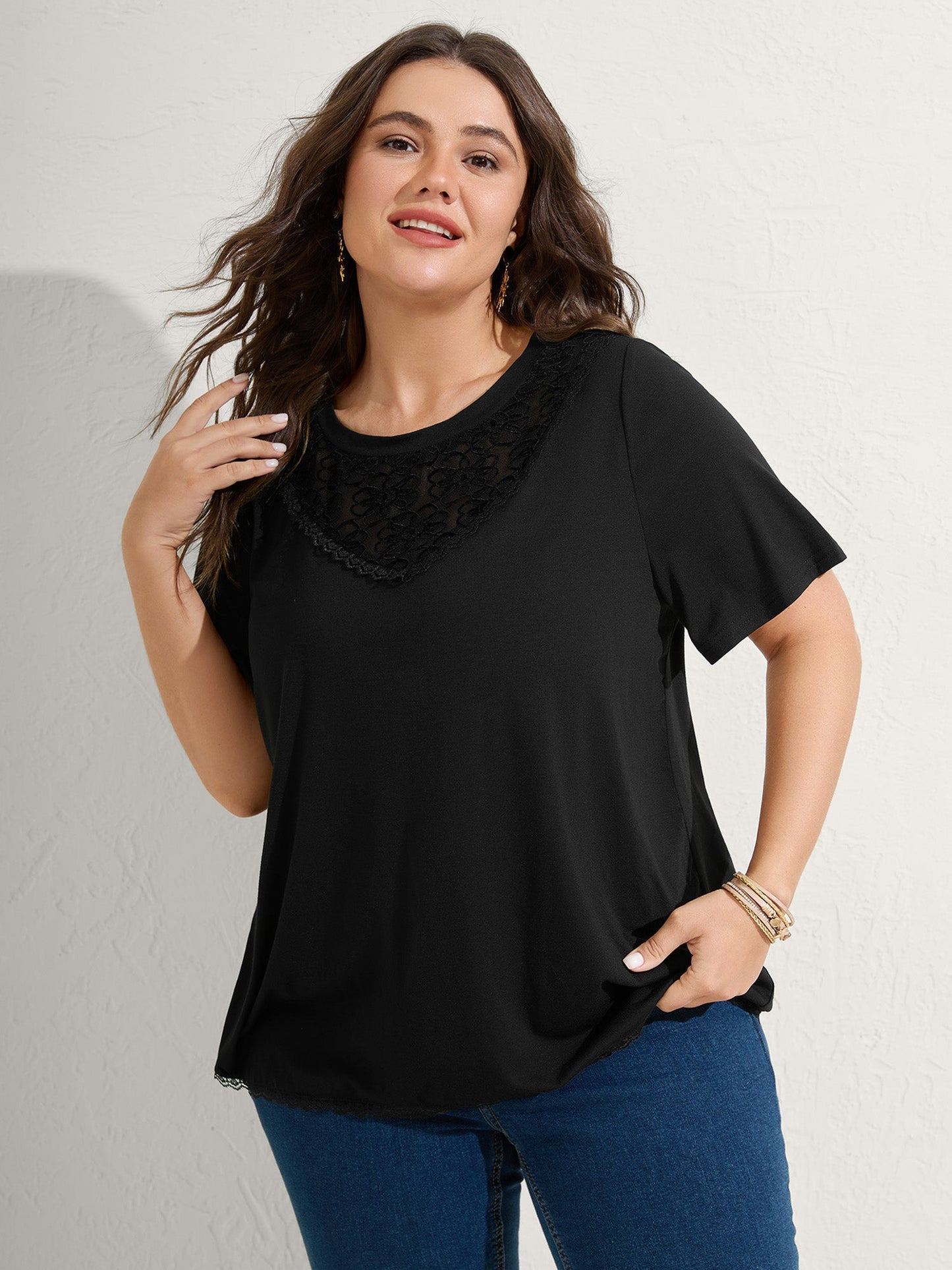 Lace Neck Flowy Sleeve Solid T-Shirt