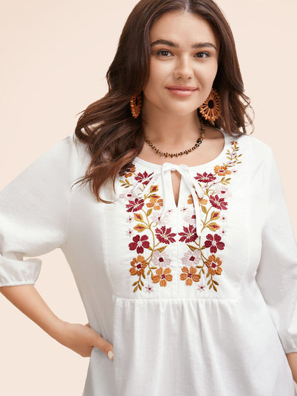 Floral Embroidered Tie Knot Lantern Sleeve Blouse