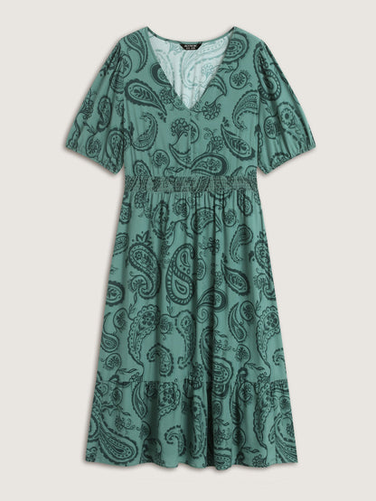 Paisley Print Shirred Waist Midi Dress
